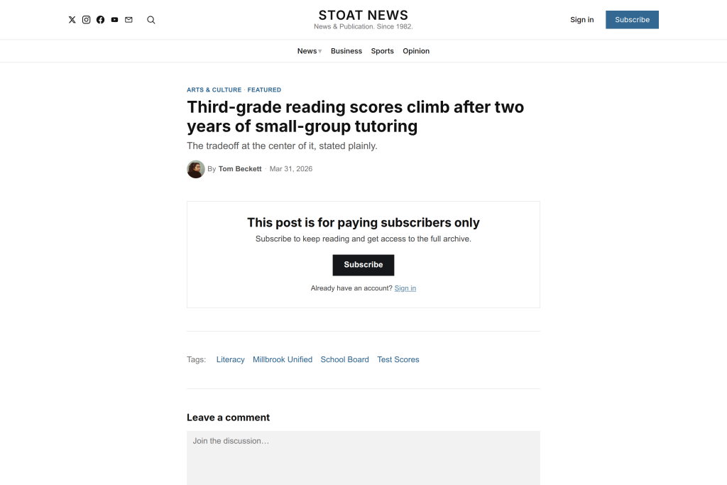 A paid news article showing a subscribe prompt inside the site design