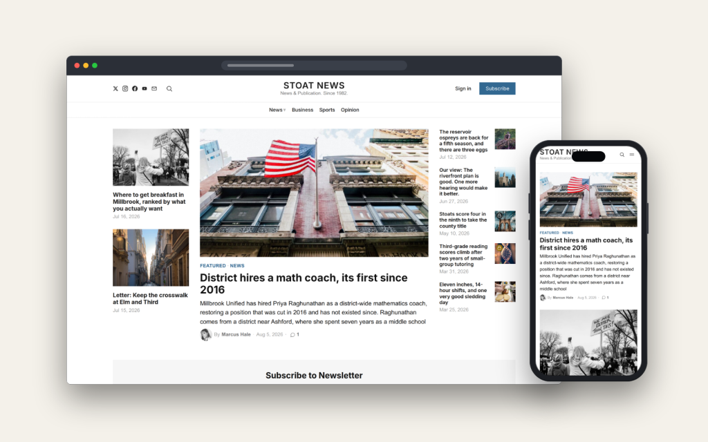 A local news site running Stoat and Owldraft Publisher, shown in a browser and on a phone