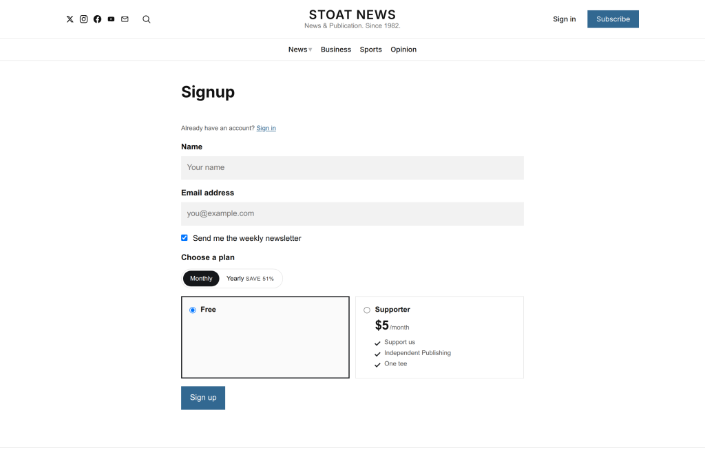 The signup page of a news site, with plan choice and a newsletter checkbox on one form