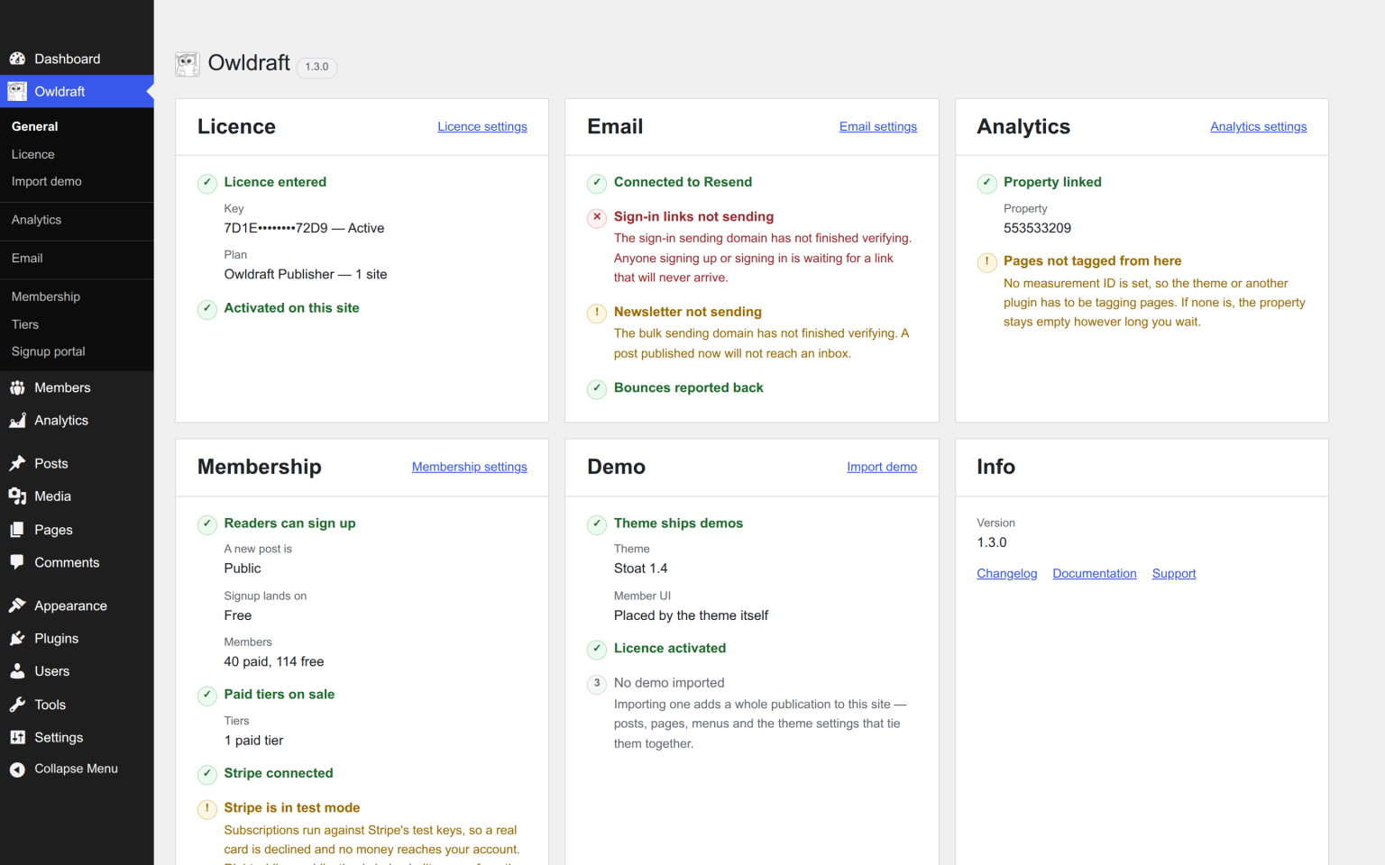 OwlDraft → General: one card each for the licence, email, analytics, membership and the demo importer